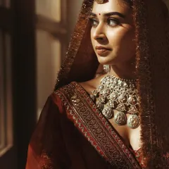 It’s all in the details. A close-up of Nilofer's rustic orange Sabyasachi wedding look, highlighting her stunning silver jewelry.