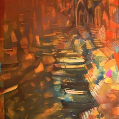 This is another powerful piece from Ranadip Mukherjee's 'Banaras Series'. The warm, glowing palette and semi-abstract forms convey the timeless, spiritual energy of the boats waiting on the ghats.