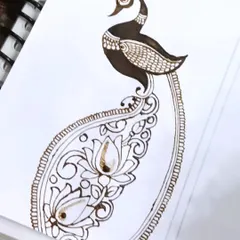 A practice sketch of a peacock with its tail forming a large paisley shape, filled with lotus flowers. This is a great way to combine multiple traditional elements.