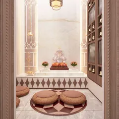 An elegant mandir design where devotion meets artistry. This sacred space features intricate woodwork, soft ambient lighting, and traditional seating, creating a peaceful corner for prayer.