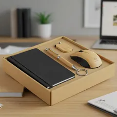 Make a sustainable first impression with this eco-friendly joining kit. The set includes a bamboo-finish wireless mouse, pen, and keychain, along with a classic black notebook, all packed in a simple, earthy box.
