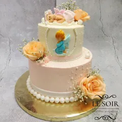 I was so happy to make this baptism cake for baby Renée. This 3 kg two-tier Lemon Blueberry Cream Cheese cake features a delicate sleeping baby figurine, an angel plaque, and is adorned with fresh peach roses and baby's breath.