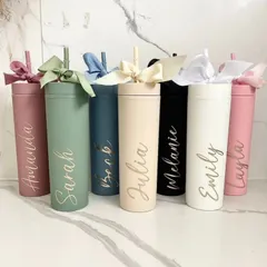 These matte-finish tumblers are perfect for group gifting, like for a bridal party or a team outing. I can personalize each one with a name in this elegant script, and they come in a variety of beautiful pastel colors.