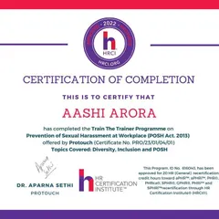 This is my HRCI (HR Certification Institute) certificate for the 'Train The Trainer' program. It validates my expertise in delivering POSH, diversity, and inclusion training that meets rigorous global HR standards, making it relevant for multinational corporations.