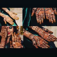 A collage showing a happy bride and close-ups of her detailed mehndi. I love capturing these moments.