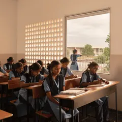 In this classroom, we used strategically placed windows alongside the geometric jaali screen. This provides students with a connection to the outdoors while ensuring the room remains cool and well-lit throughout the day.