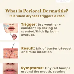 Perioral Dermatitis is often triggered by dryness combined with habits like constant lip licking or the overuse of thick, scented lip balms. The result is an inflammatory reaction involving a mix of bacteria, yeast, and mites, presenting as tiny red bumps around the mouth.