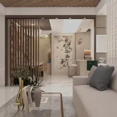 An open-concept living area where a wooden slat partition elegantly divides the dining space without closing it off. The design uses a soft, neutral color palette and natural textures to create a bright and airy environment perfect for a modern family home.