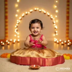 A child's first Diwali is a memory to treasure. We designed this festive setup with warm diyas and traditional attire to capture the pure, radiant joy of this little girl celebrating the festival of lights.