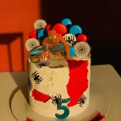 A Spiderman-themed cake for a 5th birthday. This custom cake features the superhero, spiderwebs, and a city brick wall design, bringing the action right to the party.