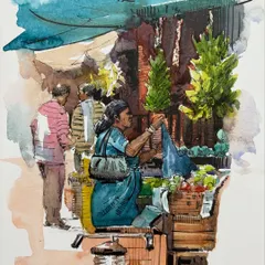 A watercolor illustration of a woman at a market stall. This piece shows how line work can define forms while washes add color and mood.