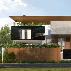 A 3D visualization for the 'House of Reddys' mansion. This render highlights a facade detail with a floating black marble-clad volume, demonstrating our use of luxurious materials in a contemporary context.