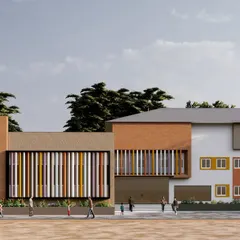 This is our proposed design for a new school block in Siruguppa. The facade is designed to be playful and stimulating, using a vibrant palette of colored fins and varied window placements to create a dynamic learning environment.