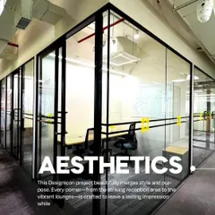 A glass-enclosed meeting room at VentureX, illustrating our focus on aesthetics. The black frame and transparent walls create a modern, industrial look that is both stylish and functional for private discussions.