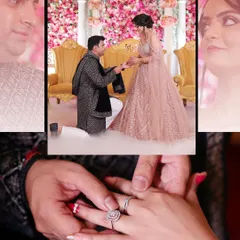 A collage showcasing the key moments of an engagement: the groom's proposal, the ring exchange, and the happy couple.