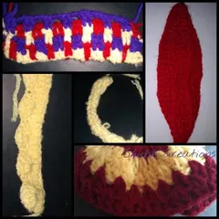 A collection of different crochet techniques. This shows how to change colors in a pattern, create a leaf shape, work with different textures, and form a scalloped edge.