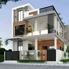 This design showcases a rich textural palette, combining white plaster with sections of natural stone and warm wood cladding. The upper floor features a deep, covered balcony supported by pillars, creating a functional and protected outdoor space that adds depth to the facade.