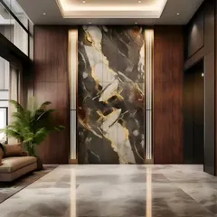 For a touch of luxury, I designed this lobby with a dramatic, book-matched marble feature wall flanked by vertical lighting. The dark wood paneling and polished floors create a sleek and impressive entrance for a corporate building.