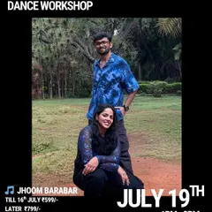 Poster for our "Jhoom Barabar Jhoom" freestyle workshop. We host a variety of choreographers to keep our weekend sessions fresh and exciting.