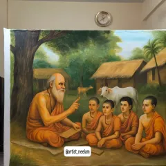 A finished 6x7 feet painting titled 'Ayurveda knowledge from Acharya'. This piece is perfect for institutions like schools or wellness centers, capturing the serene moment of knowledge being passed from a guru to his disciples in a traditional Gurukul.
