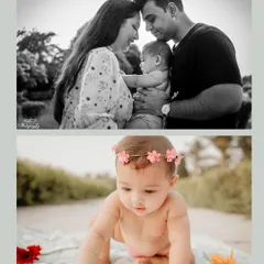 A beautiful combination of a family portrait and a solo shot of the baby. The top image shows the loving connection between the parents and their child, while the bottom image highlights the baby's individual portrait from her outdoor session.