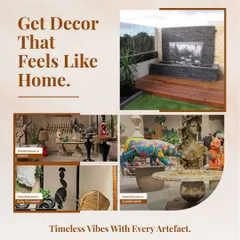 Get decor that feels like home. This collage shows our diverse range of artifacts, from modern sculptures and colorful animal figures to serene water features.