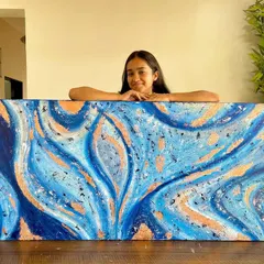 My first abstract painting of the year. This large 6 foot piece uses shades of blue and textured gold leaf to create a sense of movement and depth, like ocean waves.