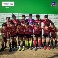Our talented Under-13 youth team posing for a photo at the Reliance Foundation Youth Sports 2025 tournament.