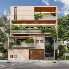 An alternative design concept for a 40x40 ft plot. This exploration focused on breaking the facade into dynamic geometric planes and integrating lush landscape elements to soften the structure.