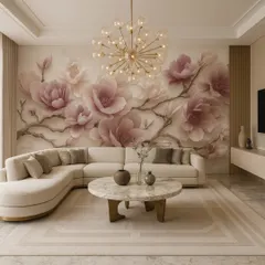 A perfect example of how our 3D floral murals can soften a modern living room. This design features large, embossed pink flowers on a subtle background, creating a serene and sophisticated atmosphere that feels both grand and inviting.