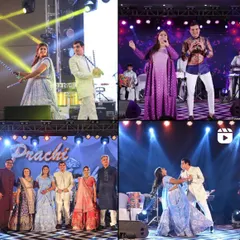 The energy of a Sangeet night is electric. This collage shows the couple's dance performances, the live band, and family portraits on the vibrant, professionally lit stage.