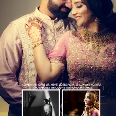 A romantic album layout combining a large couple portrait with smaller, moodier solo shots in black and white.
