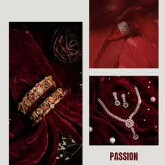 A collage dedicated to 'Passion'. The deep red velvet backdrop brings out the fire in these gold and diamond jewelry pieces, creating a look of pure luxury and romance.