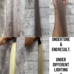This shows the science behind color. You can see the starting undertone, the final result, and how it appears under different lighting. Understanding this helps us create the perfect custom color for you.