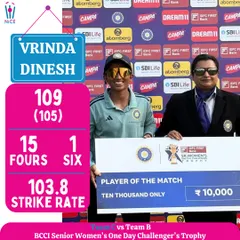 Performing when it counts. Vrinda Dinesh scoring a match-winning century in the BCCI Senior Women's One Day Challenger's Trophy, earning her the Player of the Match award.