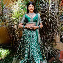 Our emerald green and American Diamond set, perfect for a Sangeet or reception. This lehenga look shows how our jewellery can complete a modern, glamorous outfit.