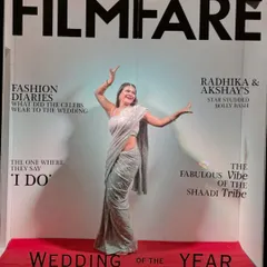 Another expressive pose for the mock magazine cover, capturing a moment of dance and celebration. This is perfect for a "Wedding of the Year" feature.