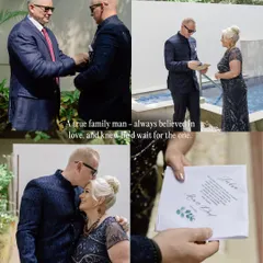 A collage of moments showing Joshua with his family, reading a heartfelt letter from his dad. These are the small, significant events that build the emotional foundation of the wedding day story.