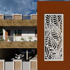 This is an exterior elevation design that focuses on modern aesthetics, using a combination of stone cladding and a decorative CNC cutting jali panel. This kind of detailed visualization helps clients see exactly how their building will look.