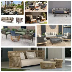 A collage showcasing the variety within our modern outdoor furniture collection. Notice the different materials, from rope-weave to metal frames and plush, all-weather cushions.