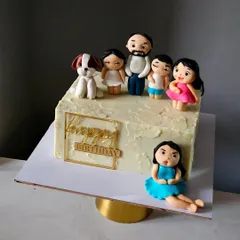 A cake to celebrate the entire family. I created custom, hand-sculpted fondant figurines for each family member, including their beloved pet dog, to create a beautiful and personal birthday centerpiece.