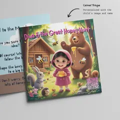 The cover of a 'Masha and the Bear' storybook, personalized with the child's name and illustrated face. It's the first thing they see and it makes the story instantly theirs.