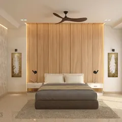Symmetry and warmth define this hotel bedroom design. A floor-to-ceiling wooden headboard is flanked by minimalist pendant lights and artwork, creating a balanced and serene environment for relaxation.