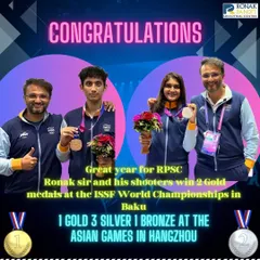 A collage celebrating a phenomenal year for our academy. With two Gold medals at the ISSF World Championships in Baku and a haul of medals at the Asian Games in Hangzhou, our shooters have consistently proven their mettle against the world's best.