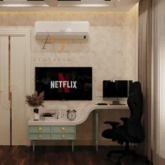This bedroom includes a smart, ergonomic workstation with a chic curved desk, demonstrating how I integrate functional spaces without compromising on style.