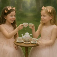 A magical tea party in the forest. These two sisters are wearing our custom floral fantasy dresses, complete with matching butterfly headbands for a truly enchanting look.