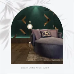 This image showcases our "Enchanting Minimalism" concept, where a deep green geometric wall panel with mirrored accents creates a glamorous backdrop. It proves that even with simple forms, the right texture and material can make a wall captivating.