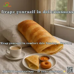Drape yourself in deliciousness. This fun image imagines a dosa as a cozy blanket, because our food is all about comfort that meets crispy at your doorstep.