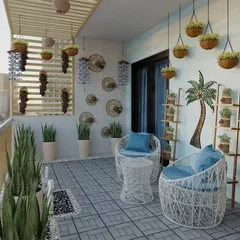 A wider look at the boho balcony, showing the woven white chairs and hanging planters. The design maximizes the small space, creating a stylish and cozy outdoor nook with a view of the city.