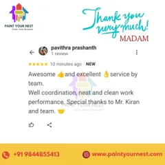 A review from Pavithra Prashanth commending our team's excellent coordination and neat work performance. We believe clear communication and teamwork are key to a successful project.